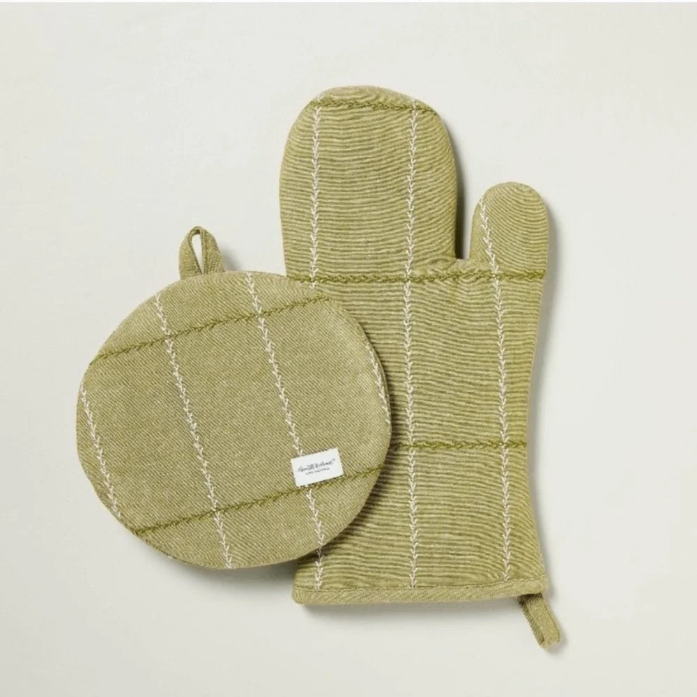Set of 2 Faux Stitched Grid Oven Mitts Green Hearth & Hand™ with Magnolia